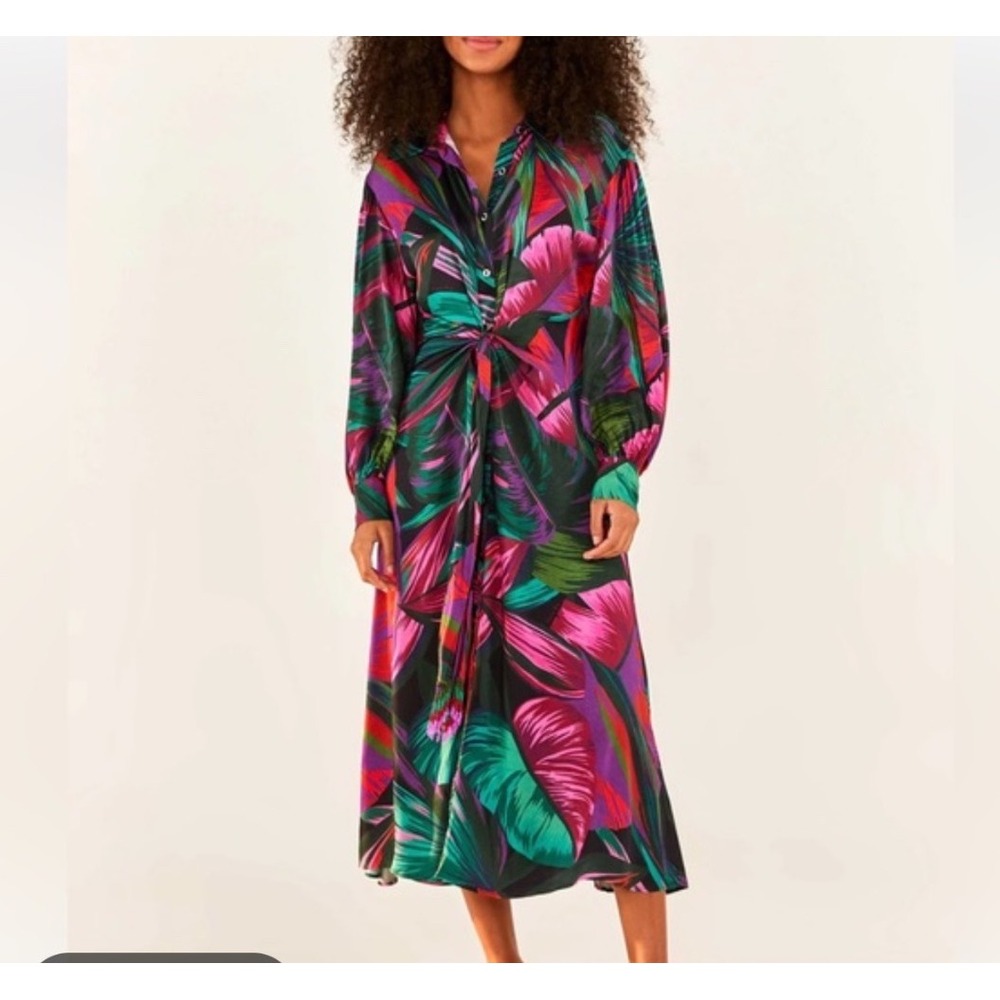 Farm Rio Midnight Leaves Viscose Midi Dress Tropical Print Long Sleeve Pink M
